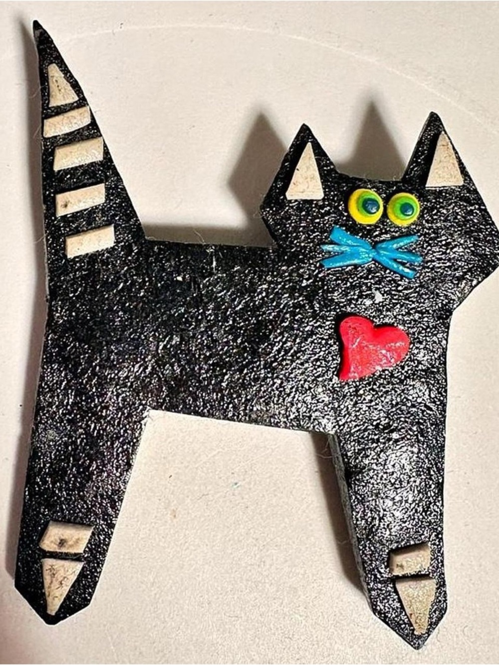 Vintage hand crafted Black Cat Brooch with Red Heart and Bright Accents